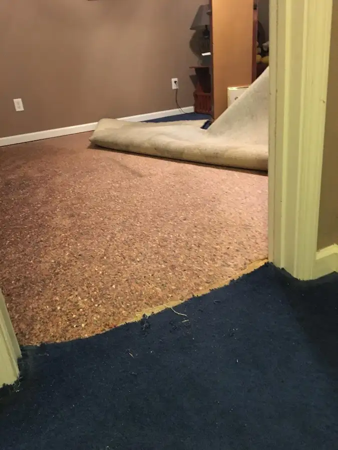 Carpet pad removal revealing water damage during Water Mitigation Services in Red Hill